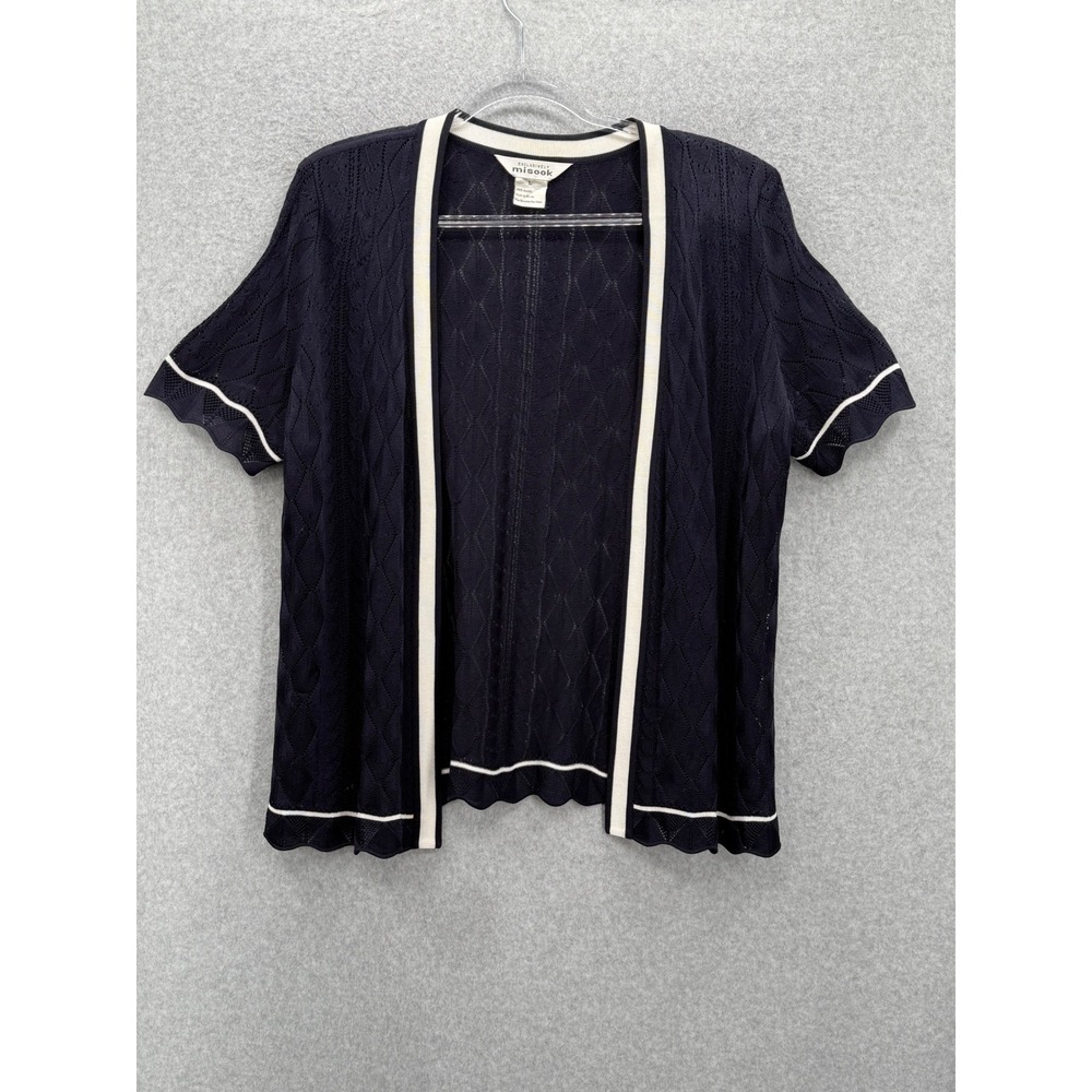 Misook Cardigan Women Large Navy White Pointelle Knit Open Front Short Sleeve